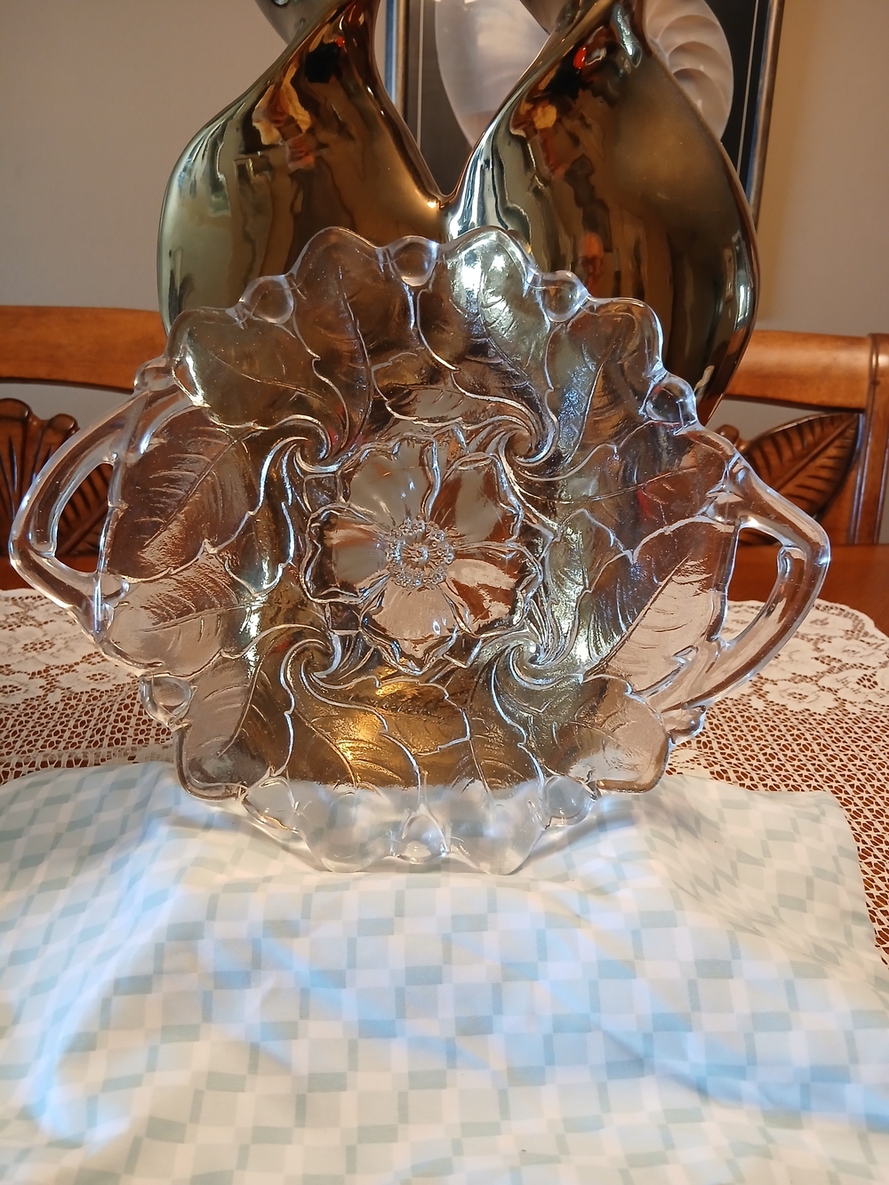 Indiana Glass Clear Floral Pressed Glass Serving Bowl with Handles